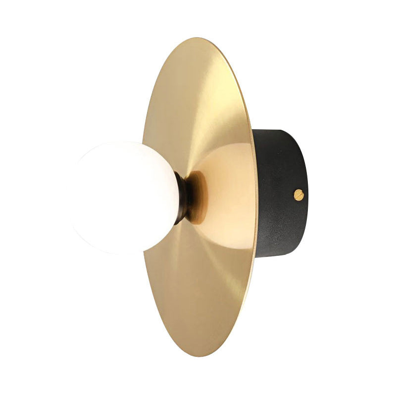 1 Bulb Bathroom Wall Lamp Modernism Gold LED Wall Light Sconce with Spherical White Glass Shade Clearhalo 'Cast Iron' 'Glass' 'Industrial' 'Modern wall lights' 'Modern' 'Tiffany' 'Traditional wall lights' 'Wall Lamps & Sconces' 'Wall Lights' Lighting' 339035