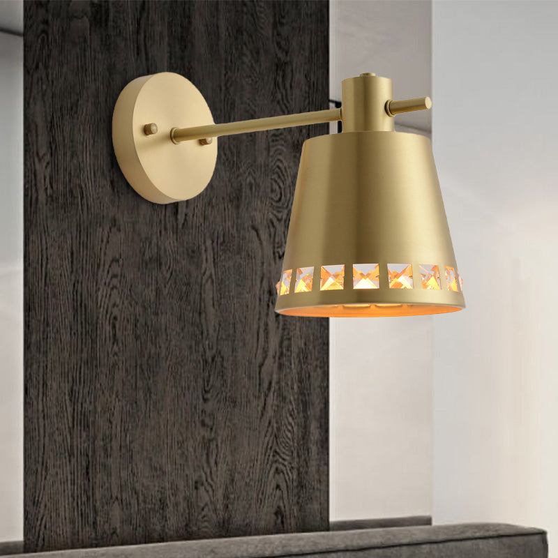 1 Bulb Bathroom Wall Lamp Modernism Brass Wall Light Sconce with Barrel Metal Shade Brass Clearhalo 'Cast Iron' 'Glass' 'Industrial' 'Modern wall lights' 'Modern' 'Tiffany' 'Traditional wall lights' 'Wall Lamps & Sconces' 'Wall Lights' Lighting' 339205
