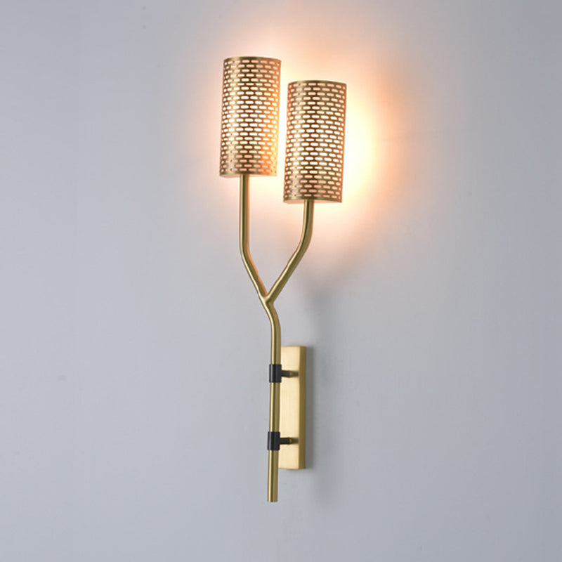 2 Bulbs Bedroom Wall Lamp Modernism Brass Wall Light Sconce with Cylindrical Metal Shade Brass Clearhalo 'Cast Iron' 'Glass' 'Industrial' 'Modern wall lights' 'Modern' 'Tiffany' 'Traditional wall lights' 'Wall Lamps & Sconces' 'Wall Lights' Lighting' 339235