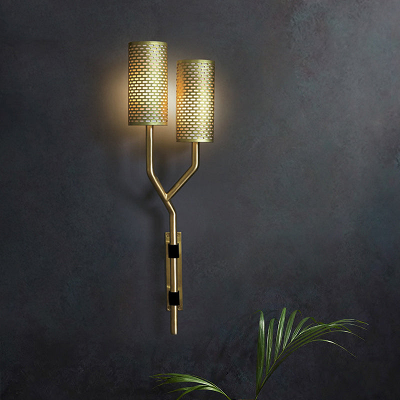 2 Bulbs Bedroom Wall Lamp Modernism Brass Wall Light Sconce with Cylindrical Metal Shade Clearhalo 'Cast Iron' 'Glass' 'Industrial' 'Modern wall lights' 'Modern' 'Tiffany' 'Traditional wall lights' 'Wall Lamps & Sconces' 'Wall Lights' Lighting' 339236
