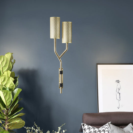 2 Bulbs Bedroom Wall Lamp Modernism Brass Wall Light Sconce with Cylindrical Metal Shade Clearhalo 'Cast Iron' 'Glass' 'Industrial' 'Modern wall lights' 'Modern' 'Tiffany' 'Traditional wall lights' 'Wall Lamps & Sconces' 'Wall Lights' Lighting' 339237