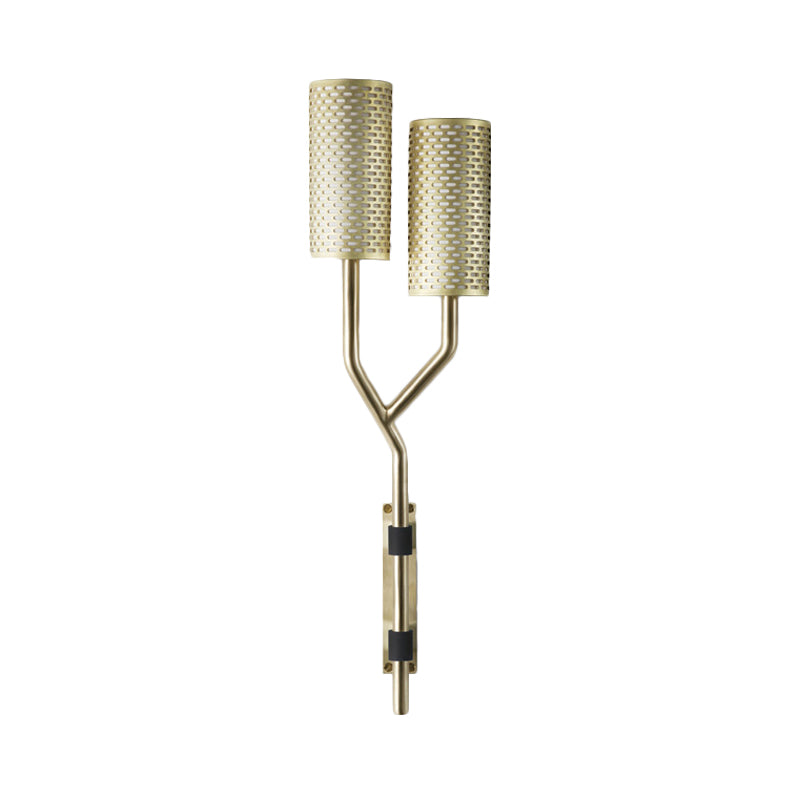 2 Bulbs Bedroom Wall Lamp Modernism Brass Wall Light Sconce with Cylindrical Metal Shade Clearhalo 'Cast Iron' 'Glass' 'Industrial' 'Modern wall lights' 'Modern' 'Tiffany' 'Traditional wall lights' 'Wall Lamps & Sconces' 'Wall Lights' Lighting' 339238