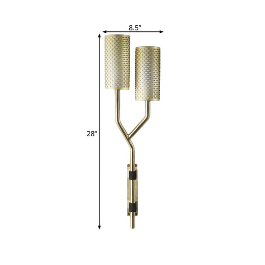 2 Bulbs Bedroom Wall Lamp Modernism Brass Wall Light Sconce with Cylindrical Metal Shade Clearhalo 'Cast Iron' 'Glass' 'Industrial' 'Modern wall lights' 'Modern' 'Tiffany' 'Traditional wall lights' 'Wall Lamps & Sconces' 'Wall Lights' Lighting' 339239