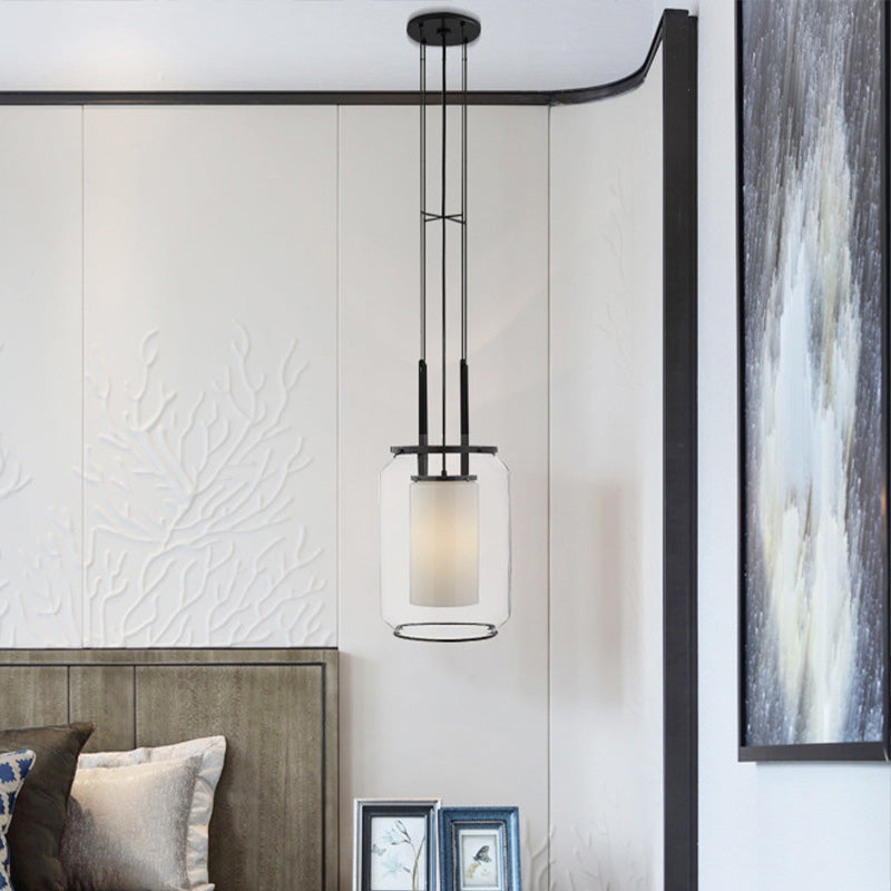 1 Bulb Bedroom Hanging Pendant Modern Black Down Lighting with Cylinder Clear Glass Shade Clearhalo 'Ceiling Lights' 'Glass shade' 'Glass' 'Modern Pendants' 'Modern' 'Pendant Lights' 'Pendants' Lighting' 339321