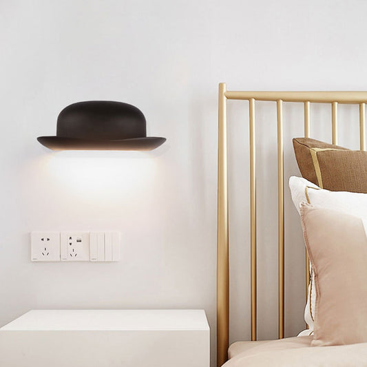 LED Bedroom Sconce Light Modernism Black Wall Lighting Fixture with Hat Metal Shade in Warm/Natural Light Clearhalo 'Cast Iron' 'Glass' 'Industrial' 'Modern wall lights' 'Modern' 'Tiffany' 'Traditional wall lights' 'Wall Lamps & Sconces' 'Wall Lights' Lighting' 339462