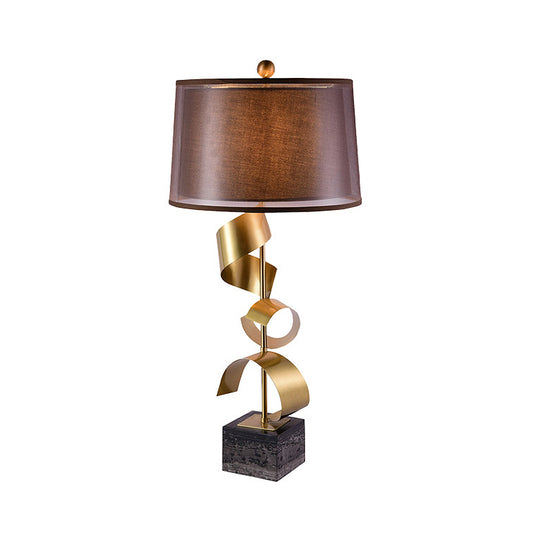 1 Bulb Night Lighting Traditional Bedroom Table Lamp in Red Brown with Drum Fabric Shade Clearhalo 'Lamps' 'Table Lamps' Lighting' 339804