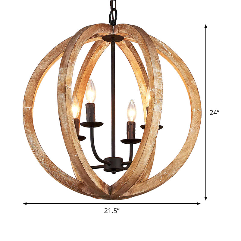 Sphere Chandelier Lamp Nordic Wood 4 Heads Beige Pendant Lighting Fixture for Restaurant Clearhalo 'Ceiling Lights' 'Chandeliers' Lighting' options 339892