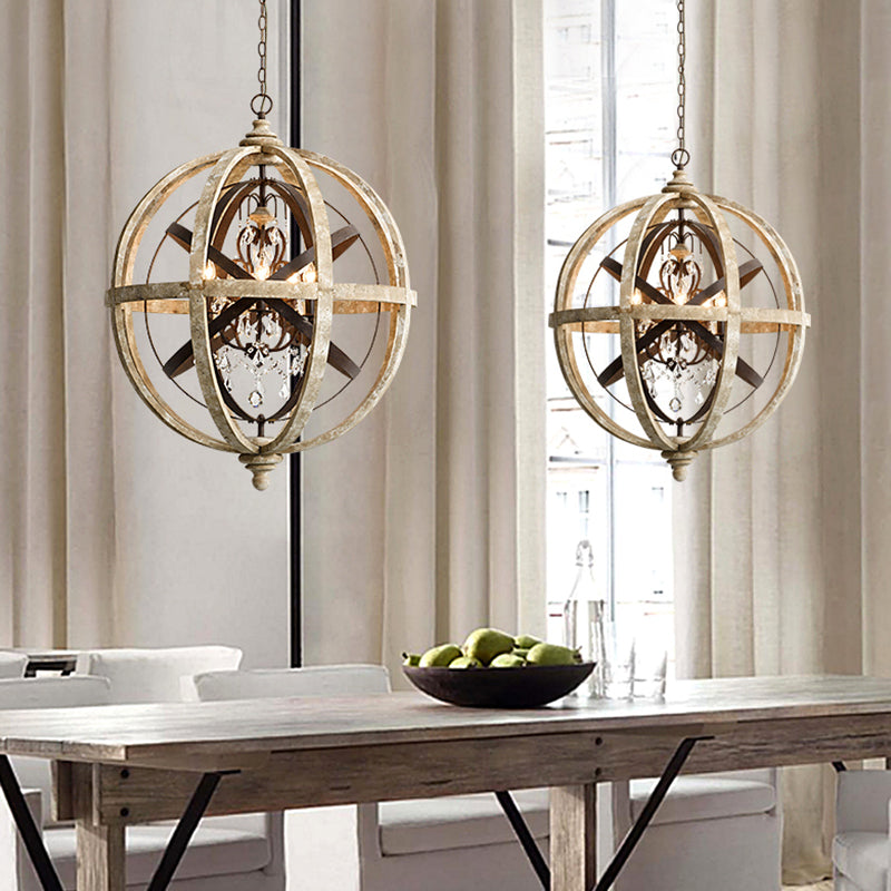 Retro 5 Heads Chandelier Lamp Rust Laser-Cut Ceiling Pendant Light with Wood Shade for Living Room Clearhalo 'Ceiling Lights' 'Chandeliers' Lighting' options 339904