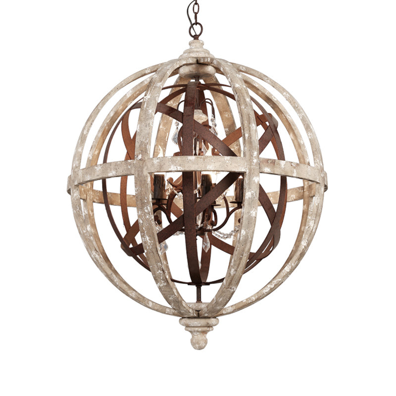Retro 5 Heads Chandelier Lamp Rust Laser-Cut Ceiling Pendant Light with Wood Shade for Living Room Clearhalo 'Ceiling Lights' 'Chandeliers' Lighting' options 339906