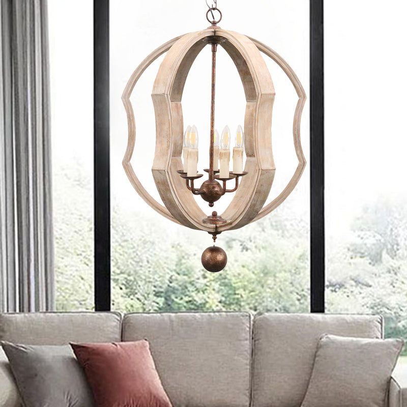 Distressed White Globe Chandelier Lighting Modern Wood 5 Bulbs Pendant Light Fixture with Adjustable Chain Clearhalo 'Ceiling Lights' 'Chandeliers' Lighting' options 339919