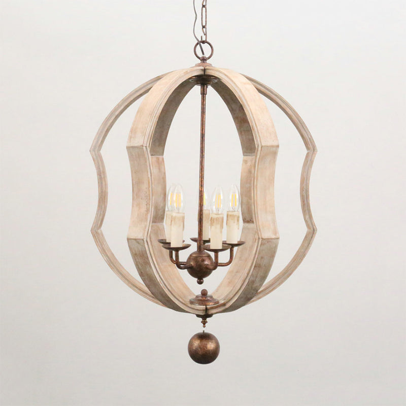 Distressed White Globe Chandelier Lighting Modern Wood 5 Bulbs Pendant Light Fixture with Adjustable Chain Clearhalo 'Ceiling Lights' 'Chandeliers' Lighting' options 339920