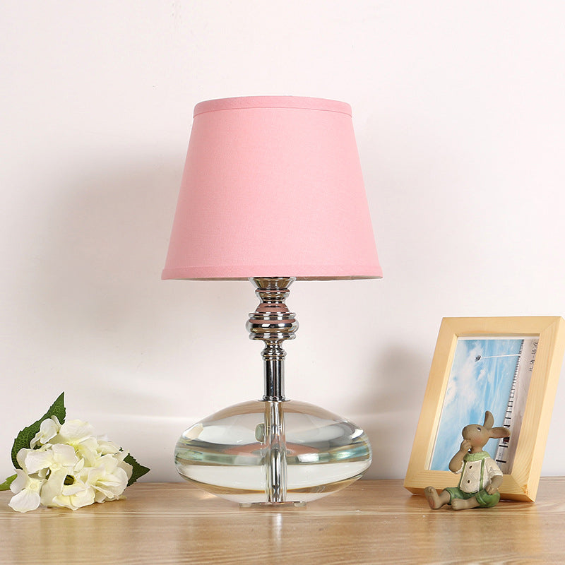 Fabric Pink Night Lamp Conical 1 Light Lodge Nightstand Light with Clear Crystal Base Clearhalo 'Lamps' 'Table Lamps' Lighting' 340039