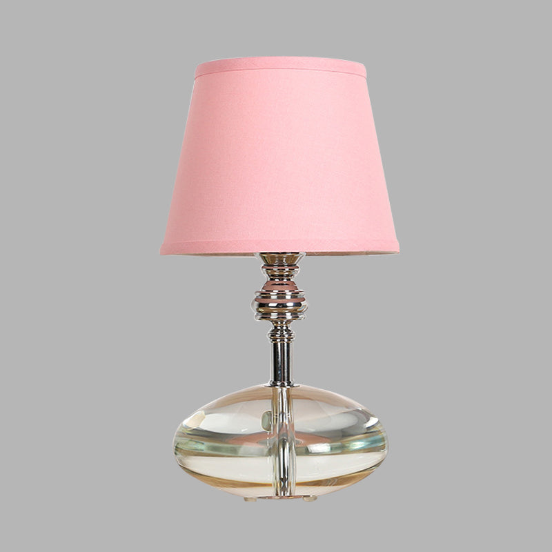 Fabric Pink Night Lamp Conical 1 Light Lodge Nightstand Light with Clear Crystal Base Clearhalo 'Lamps' 'Table Lamps' Lighting' 340041