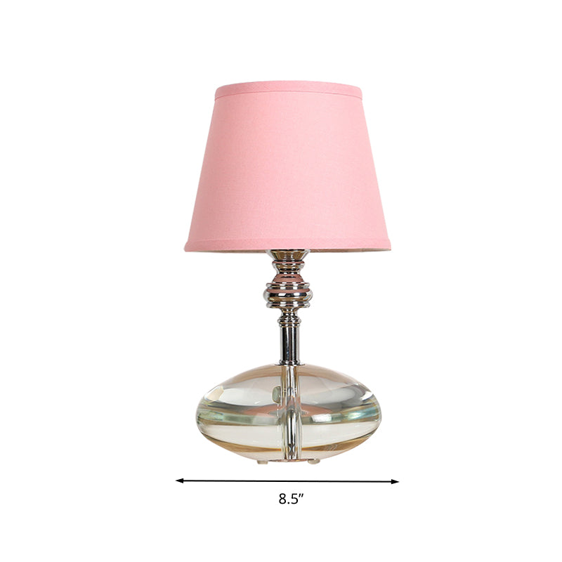 Fabric Pink Night Lamp Conical 1 Light Lodge Nightstand Light with Clear Crystal Base Clearhalo 'Lamps' 'Table Lamps' Lighting' 340042