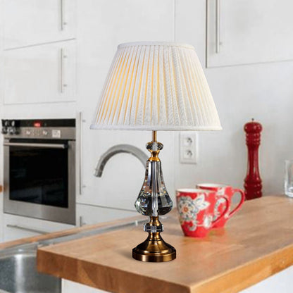 1 Light Conical Night Table Lamp Simple Cream Gray Fabric Nightstand Light with Crystal Base Cream Gray Clearhalo 'Lamps' 'Table Lamps' Lighting' 340106