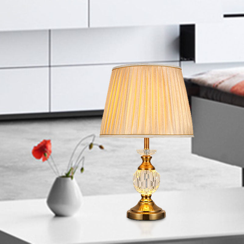 Beige Single Light Night Light Rustic Style Fabric Barrel Nightstand Lamp for Bedroom with Crystal Accent Beige Clearhalo 'Lamps' 'Table Lamps' Lighting' 340131