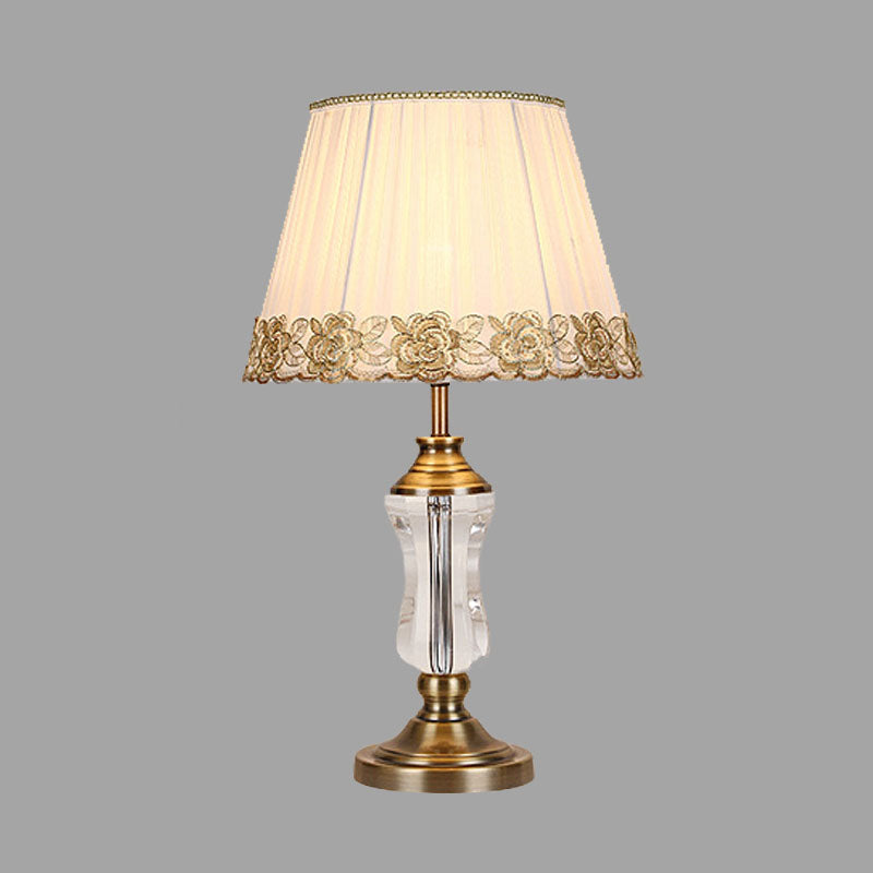 Crystal Conical Nightstand Light Traditionalism 1 Light Bedroom Table Lamp in White with Braided Trim Clearhalo 'Lamps' 'Table Lamps' Lighting' 340219