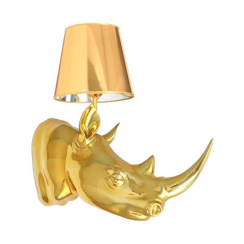 Resin Silver/Gold Sconce Light Fixture Rhinoceros 1-Light Rustic Wall Mounted Lighting for Bedroom with Cone Fabric Shade Gold Clearhalo 'Wall Lamps & Sconces' 'Wall Lights' Lighting' 340319