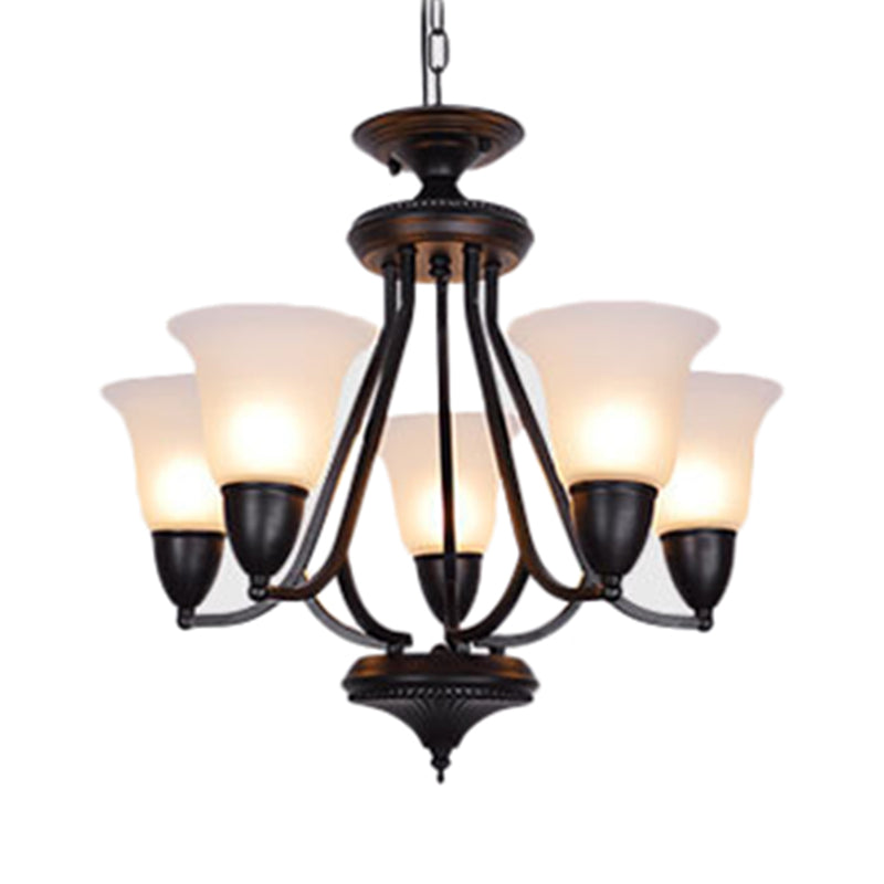3/5/6 Lights Pendant Light Classic Bell Frosted Glass Hanging Chandelier in Deep Tan for Dining Room Clearhalo 'Ceiling Lights' 'Chandeliers' Lighting' options 340376