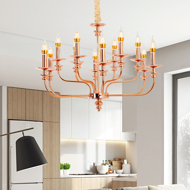 Candle-Style Living Room Pendant Chandelier Traditional Metal 12 Lights Rose Gold Hanging Light Fixture Clearhalo 'Ceiling Lights' 'Chandeliers' Lighting' options 340465
