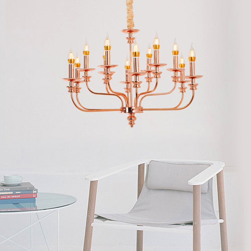 Candle-Style Living Room Pendant Chandelier Traditional Metal 12 Lights Rose Gold Hanging Light Fixture Clearhalo 'Ceiling Lights' 'Chandeliers' Lighting' options 340466