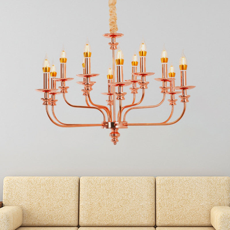 Candle-Style Living Room Pendant Chandelier Traditional Metal 12 Lights Rose Gold Hanging Light Fixture Clearhalo 'Ceiling Lights' 'Chandeliers' Lighting' options 340467