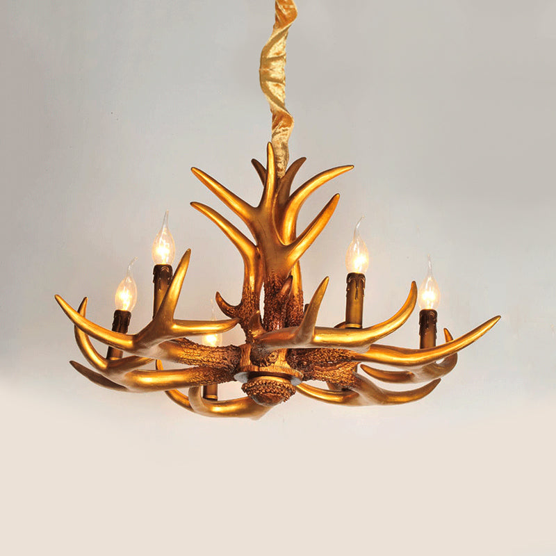 Resin Gold Hanging Chandelier Candle 6 Bulbs Traditional Pendant Light Fixture for Living Room Clearhalo 'Ceiling Lights' 'Chandeliers' Lighting' options 340595