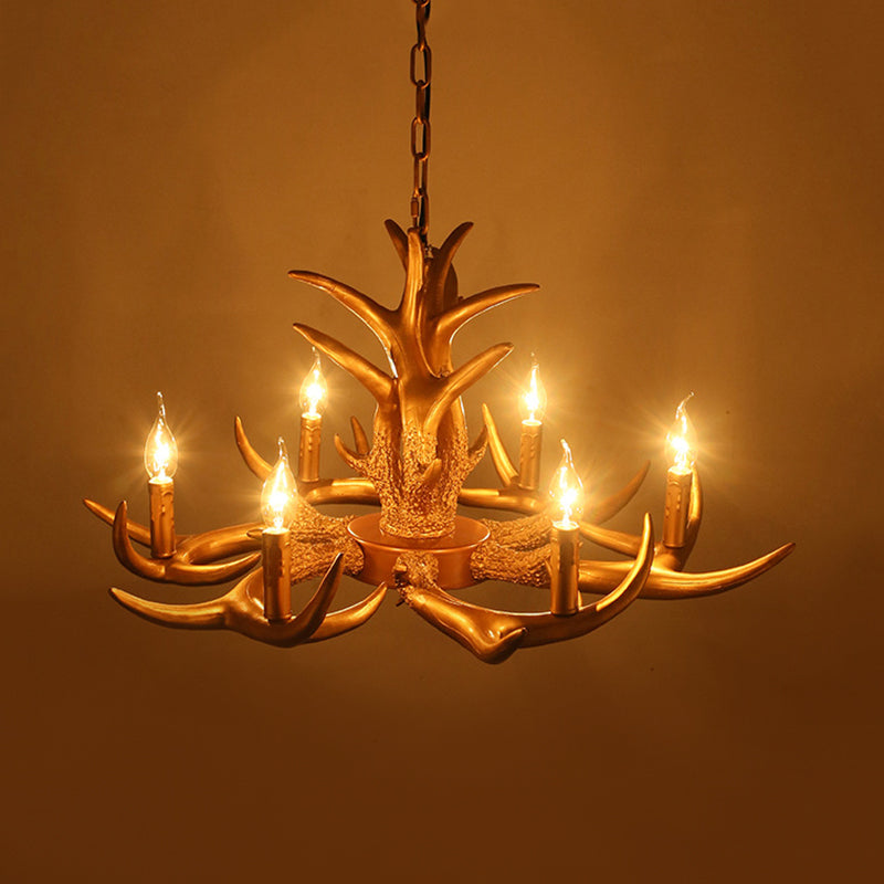 Countryside Antler Hanging Pendant 6 Lights Resin Ceiling Chandelier in Gold for Living Room Clearhalo 'Ceiling Lights' 'Chandeliers' Lighting' options 340600