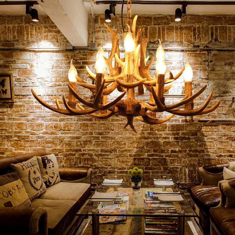 2-Tier Living Room Hanging Lamp Traditional Resin 9 Bulbs Brown Chandelier Pendant Light Clearhalo 'Ceiling Lights' 'Chandeliers' Lighting' options 340624