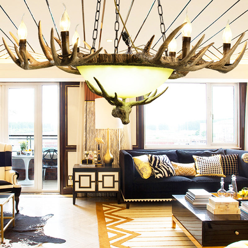 Candle Glass Ceiling Lamp Traditional 6-Head Living Room Chandelier Pendant Light in Brown Brown Clearhalo 'Ceiling Lights' 'Chandeliers' 'Glass shade' 'Glass' Lighting' 340641