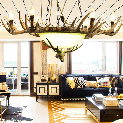 Candle Glass Ceiling Lamp Traditional 6-Head Living Room Chandelier Pendant Light in Brown Brown Clearhalo 'Ceiling Lights' 'Chandeliers' 'Glass shade' 'Glass' Lighting' 340641