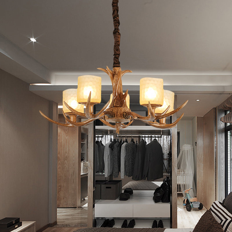 Cylindrical Glass Ceiling Lamp Traditional 4/6/8-Bulb Living Room Pendant Chandelier in Brown Clearhalo 'Ceiling Lights' 'Chandeliers' 'Close To Ceiling Lights' 'Glass shade' 'Glass' Lighting' 340727