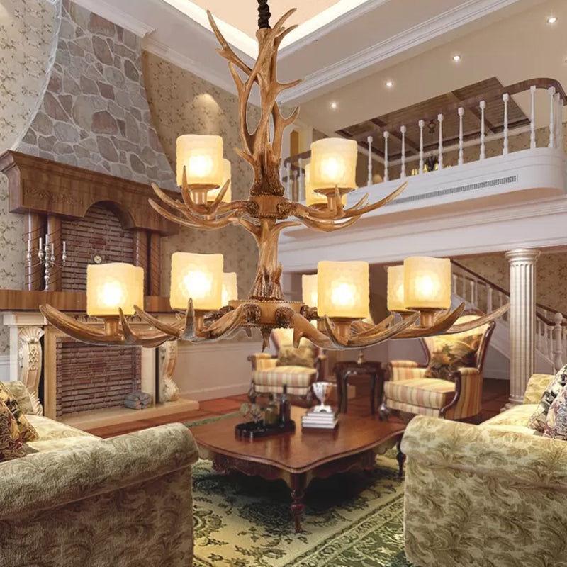 Cylindrical Glass Ceiling Lamp Traditional 4/6/8-Bulb Living Room Pendant Chandelier in Brown 12 Brown Clearhalo 'Ceiling Lights' 'Chandeliers' 'Close To Ceiling Lights' 'Glass shade' 'Glass' Lighting' 340735