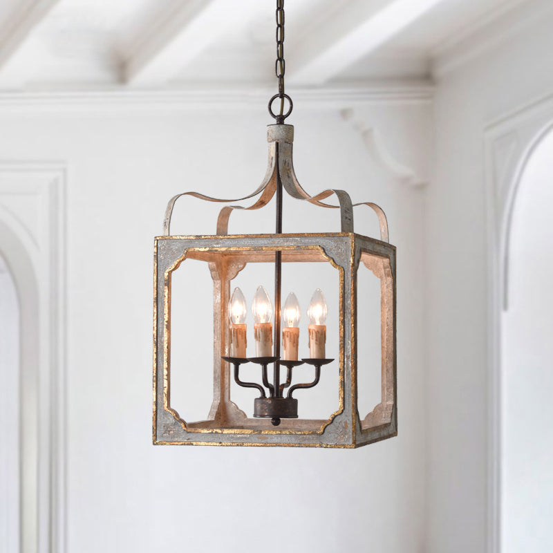 4 Heads Living Room Hanging Chandelier Retro Rust Ceiling Pendant Light with Cube Metal Cage Clearhalo 'Ceiling Lights' 'Chandeliers' Lighting' options 341873