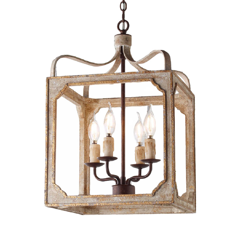 4 Heads Living Room Hanging Chandelier Retro Rust Ceiling Pendant Light with Cube Metal Cage Clearhalo 'Ceiling Lights' 'Chandeliers' Lighting' options 341875