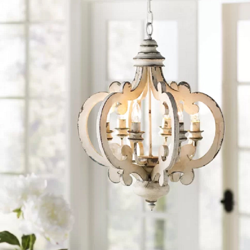 5 Bulbs Circle Ceiling Chandelier Traditional Wood Suspended Lighting Fixture in White White Clearhalo 'Ceiling Lights' 'Chandeliers' Lighting' options 341886_ccef4be4-af30-4331-9076-650658e1a739