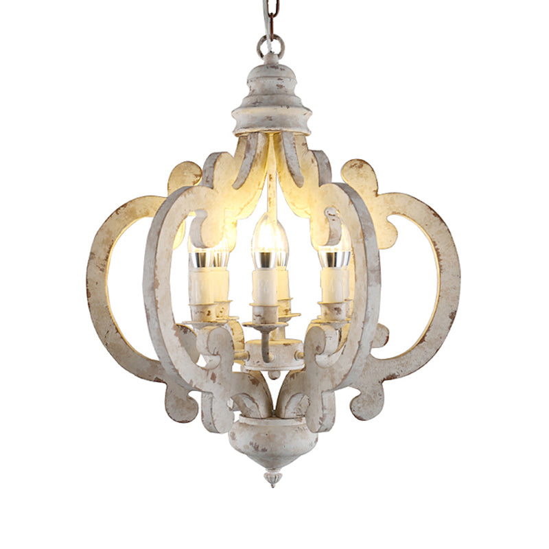 5 Bulbs Circle Ceiling Chandelier Traditional Wood Suspended Lighting Fixture in White Clearhalo 'Ceiling Lights' 'Chandeliers' Lighting' options 341889