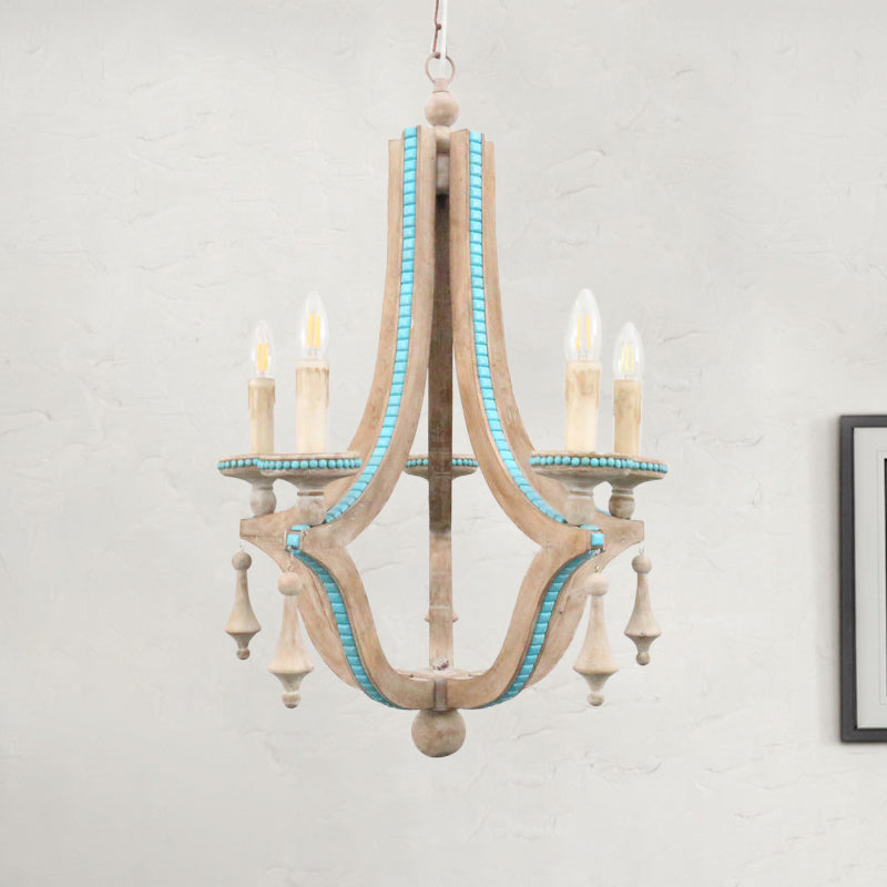 Candle Chandelier Light Rustic Wood 5 Heads Beige Hanging Lamp Kit for Living Room Clearhalo 'Ceiling Lights' 'Chandeliers' Lighting' options 341906