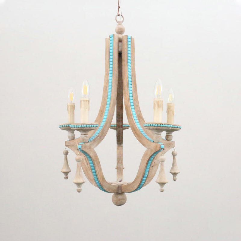 Candle Chandelier Light Rustic Wood 5 Heads Beige Hanging Lamp Kit for Living Room Clearhalo 'Ceiling Lights' 'Chandeliers' Lighting' options 341908