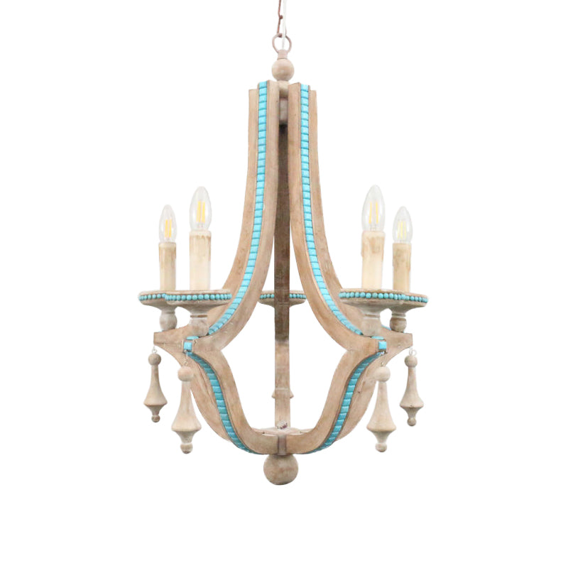 Candle Chandelier Light Rustic Wood 5 Heads Beige Hanging Lamp Kit for Living Room Clearhalo 'Ceiling Lights' 'Chandeliers' Lighting' options 341909