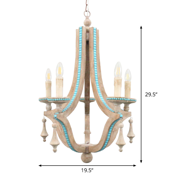 Candle Chandelier Light Rustic Wood 5 Heads Beige Hanging Lamp Kit for Living Room Clearhalo 'Ceiling Lights' 'Chandeliers' Lighting' options 341910