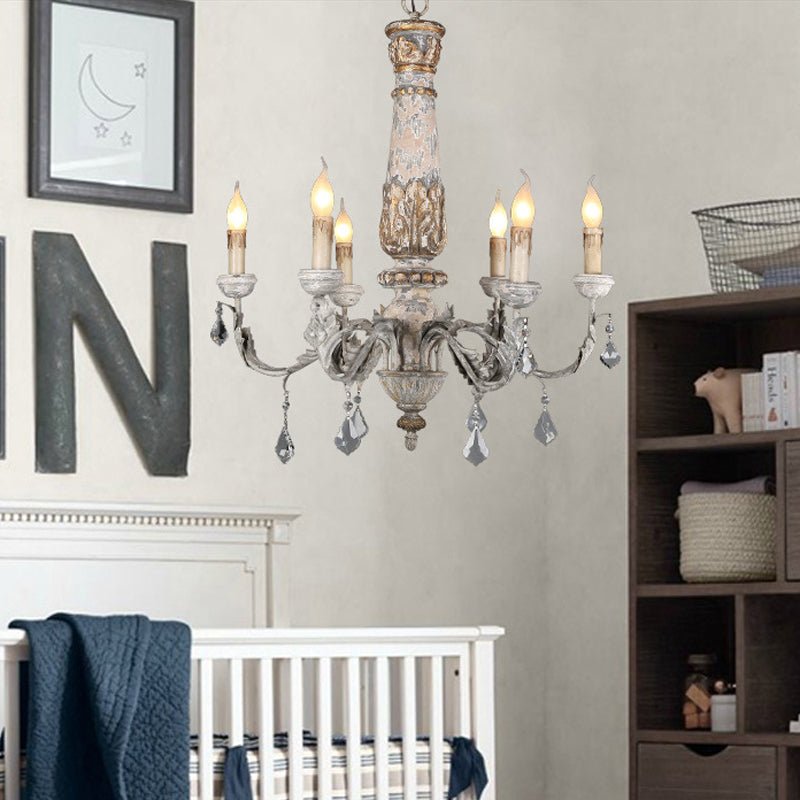 Nordic Starburst Hanging Chandelier Wood 6 Bulbs Suspension Light in Distressed White for Living Room Clearhalo 'Ceiling Lights' 'Chandeliers' Lighting' options 341931