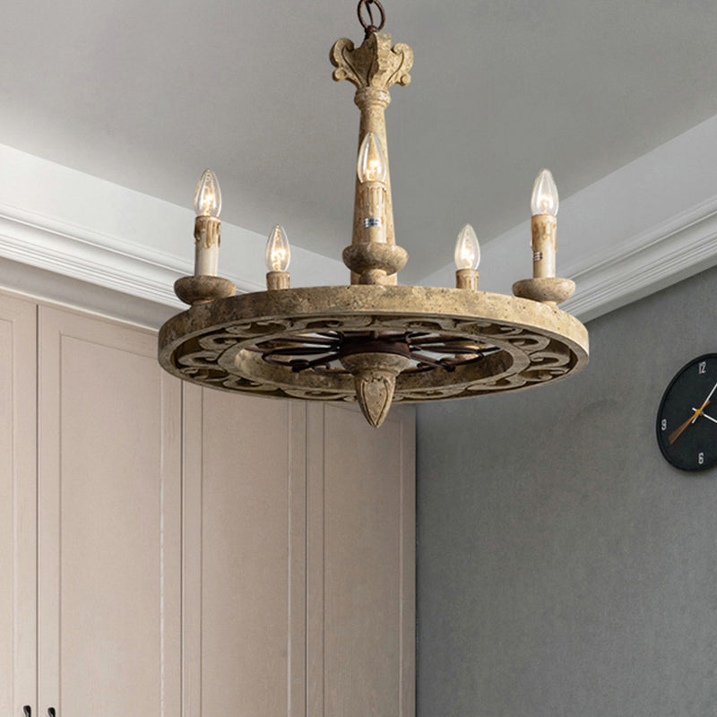 Round Pendant Chandelier Traditional Wood 5/6 Bulbs Light Tan Hanging Lamp for Living Room Clearhalo 'Ceiling Lights' 'Chandeliers' Lighting' options 341950