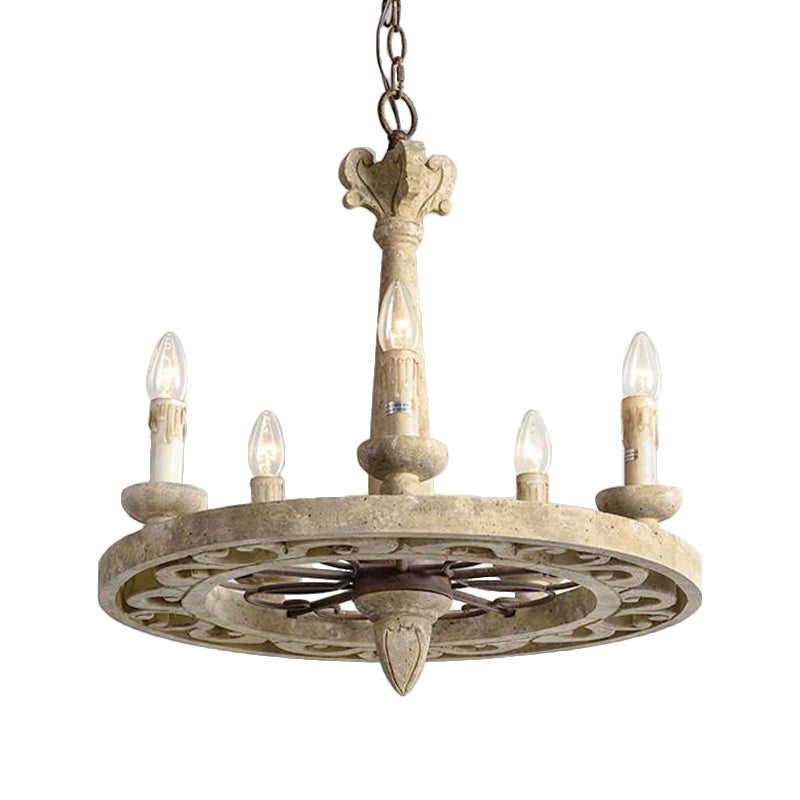Round Pendant Chandelier Traditional Wood 5/6 Bulbs Light Tan Hanging Lamp for Living Room Clearhalo 'Ceiling Lights' 'Chandeliers' Lighting' options 341952
