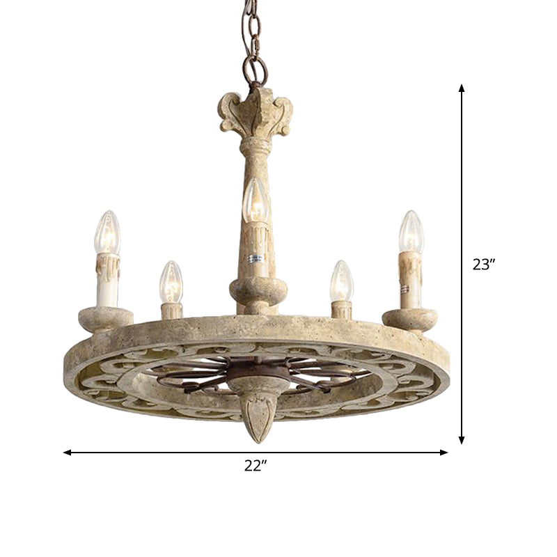 Round Pendant Chandelier Traditional Wood 5/6 Bulbs Light Tan Hanging Lamp for Living Room Clearhalo 'Ceiling Lights' 'Chandeliers' Lighting' options 341953