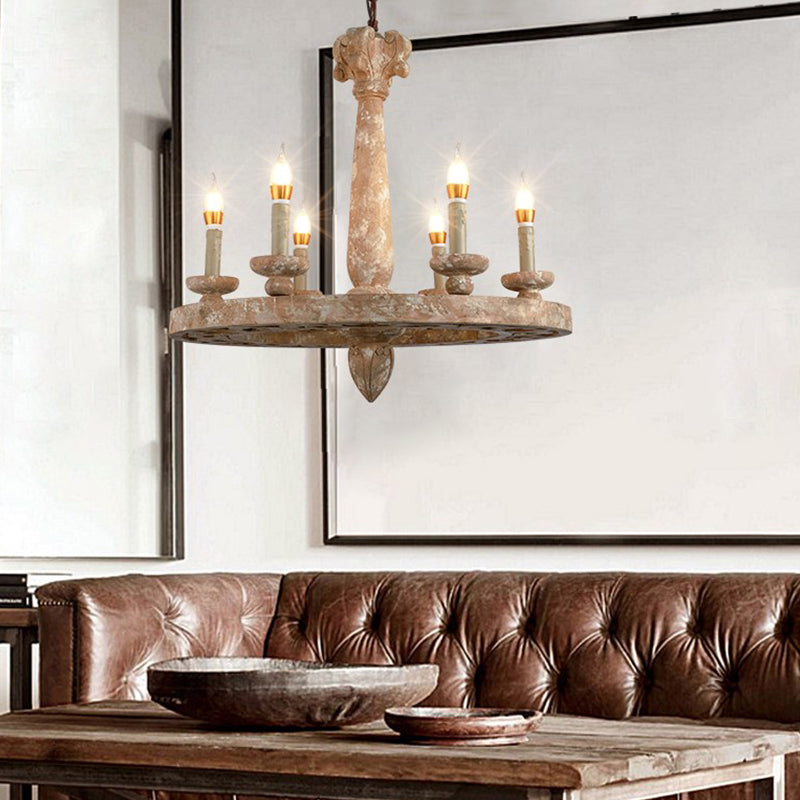 Round Pendant Chandelier Traditional Wood 5/6 Bulbs Light Tan Hanging Lamp for Living Room Clearhalo 'Ceiling Lights' 'Chandeliers' Lighting' options 341955