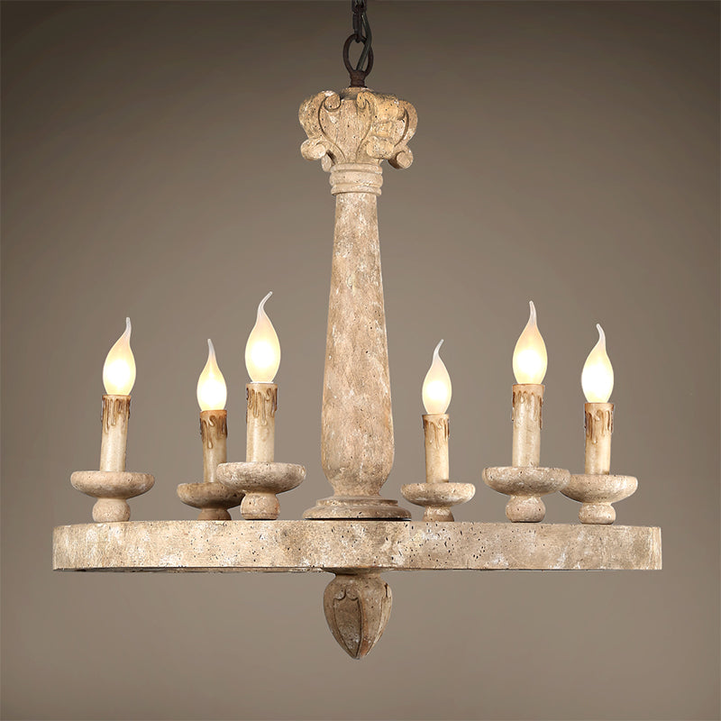 Round Pendant Chandelier Traditional Wood 5/6 Bulbs Light Tan Hanging Lamp for Living Room Clearhalo 'Ceiling Lights' 'Chandeliers' Lighting' options 341956