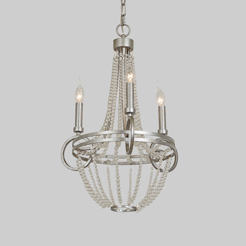 Crystal Candle Chandelier Lamp Retro 3 Heads Silver Ceiling Pendant Light for Living Room Clearhalo 'Ceiling Lights' 'Chandeliers' Lighting' options 342005