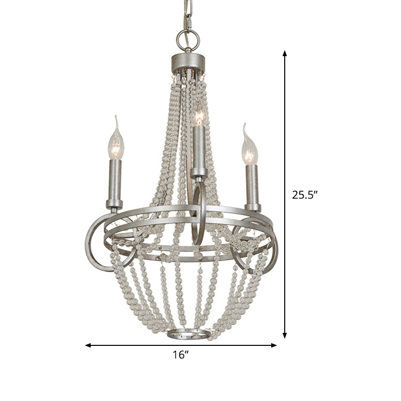 Crystal Candle Chandelier Lamp Retro 3 Heads Silver Ceiling Pendant Light for Living Room Clearhalo 'Ceiling Lights' 'Chandeliers' Lighting' options 342007