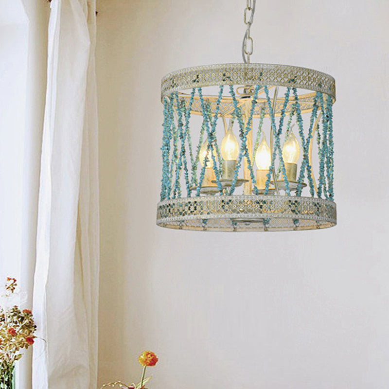 Stone Cylinder Chandelier Lamp Retro 4/6 Bulbs Blue Pendant Lighting Fixture with Adjustable Chain Clearhalo 'Ceiling Lights' 'Chandeliers' Lighting' options 342039